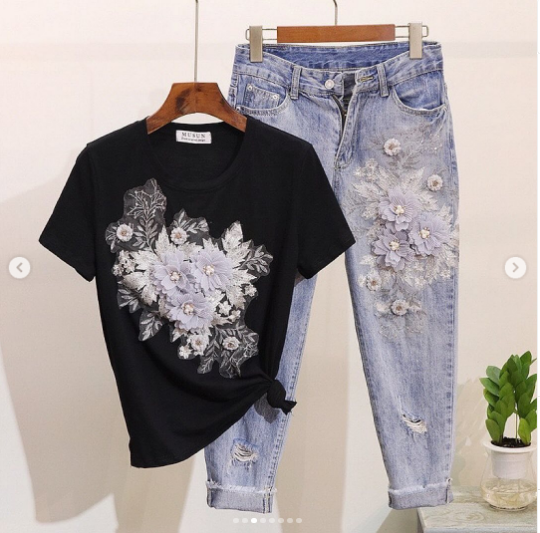 Embroidered Three Flower T Shirt + Ripped Cropped Jeans Womens